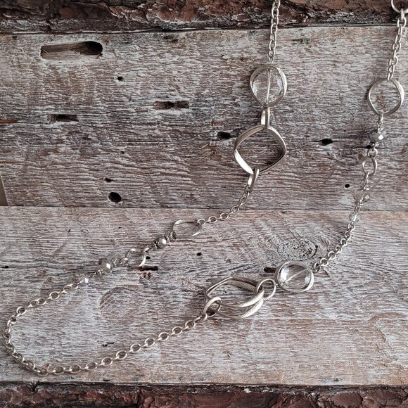 Long Silver Metal Necklace with Unique Links and Crystal Beads - Picture 1 of 5